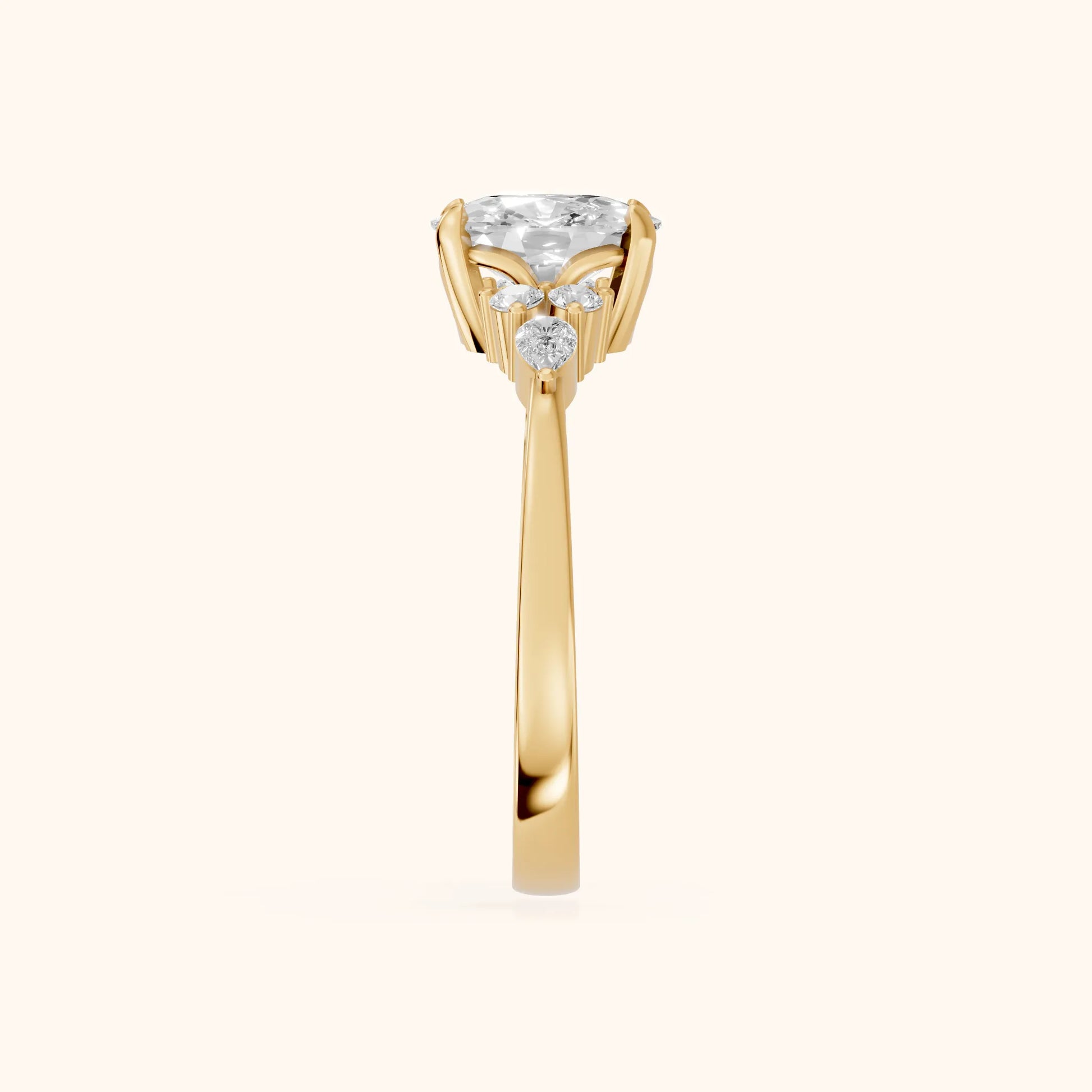 Amelia Three Stone Cushion Diamond Engagement Ring in Yellow Gold - SideView