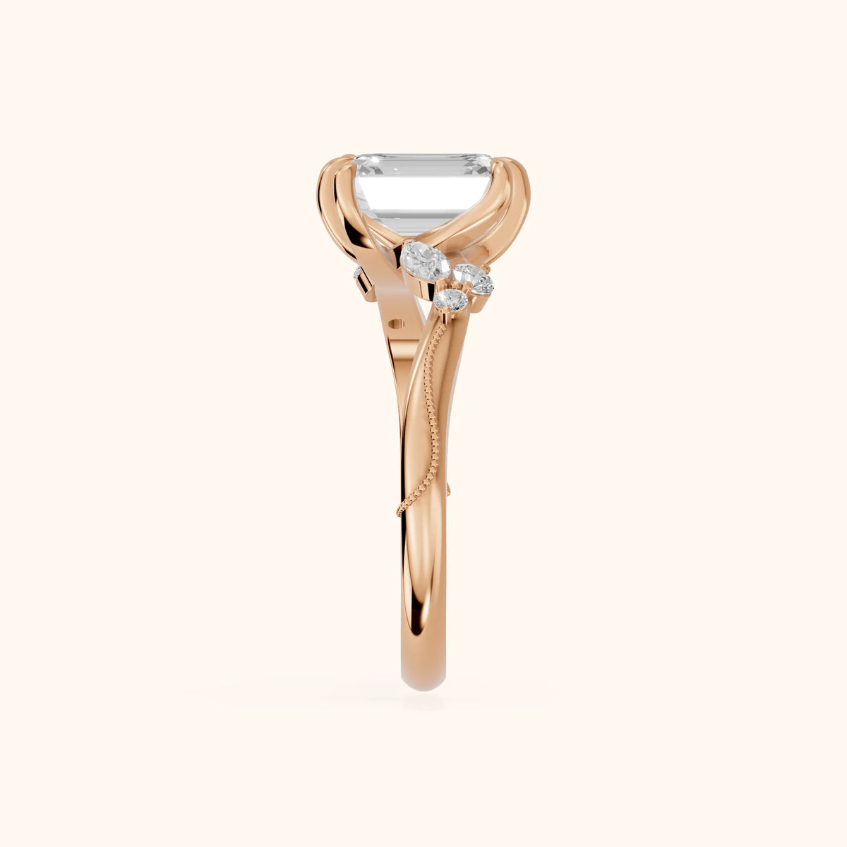 Joanna Milgrain Twist Emerald Diamond Engagement Ring in Rose Gold - SideView.webp