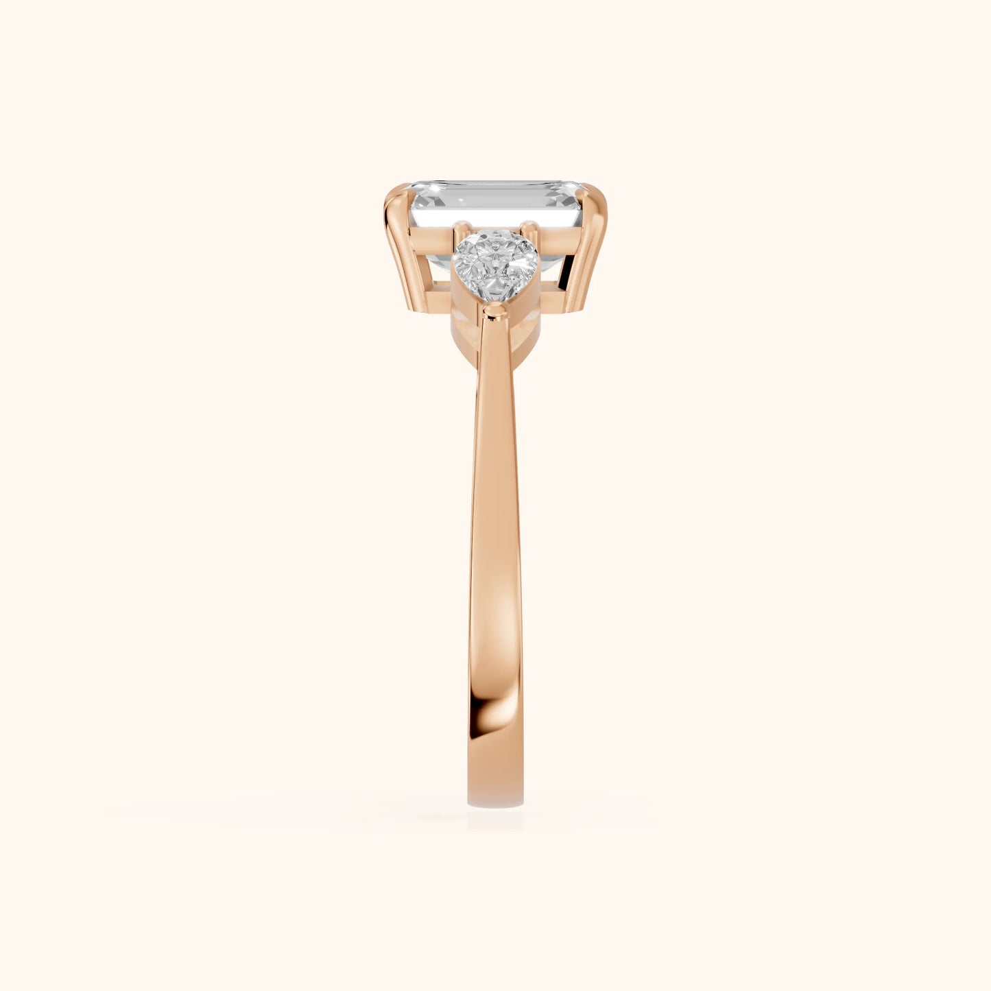 Grace Three Stone Emerald Diamond Engagement Ring in Rose Gold - SideView