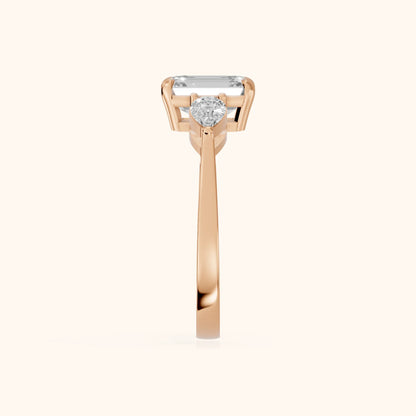 Grace Three Stone Emerald Diamond Engagement Ring in Rose Gold - SideView