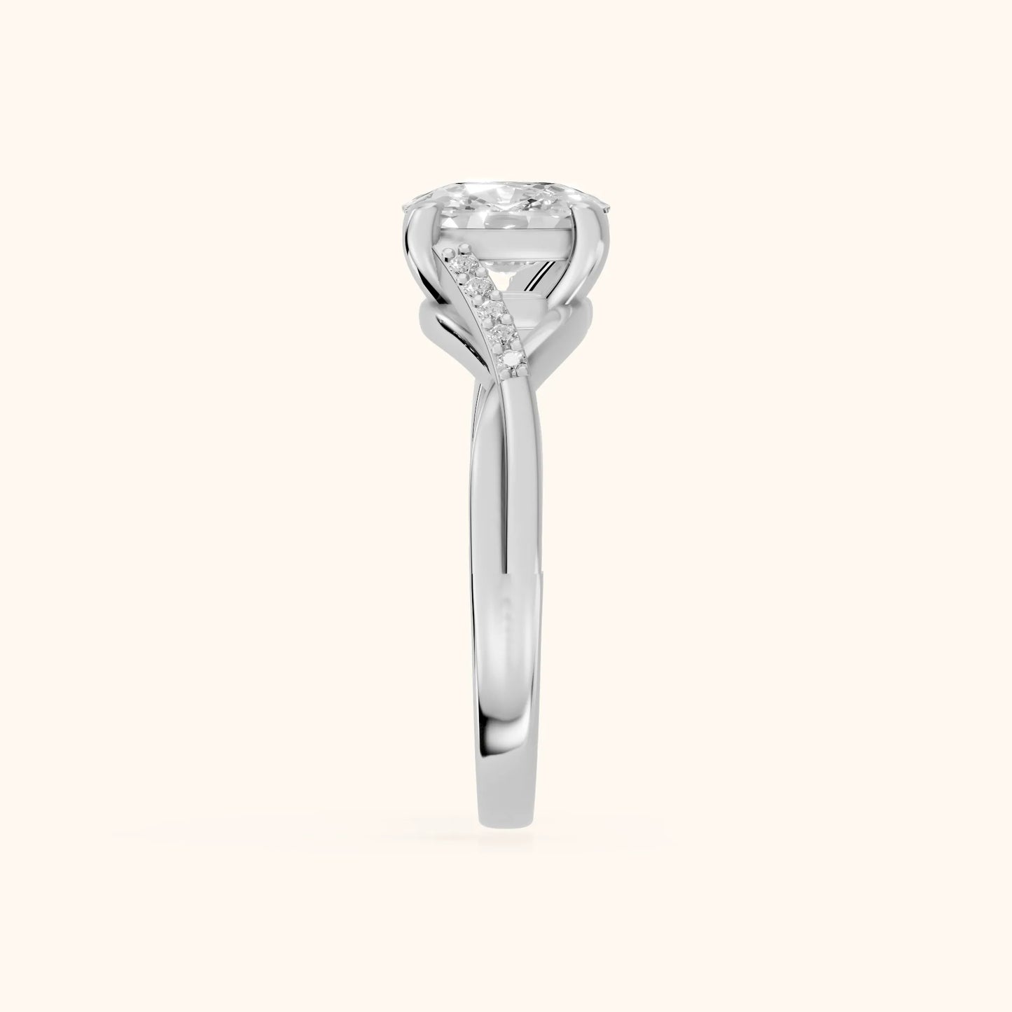 Veronica Twist Side Stone Cushion Diamond Engagement Ring in White Gold - SideView