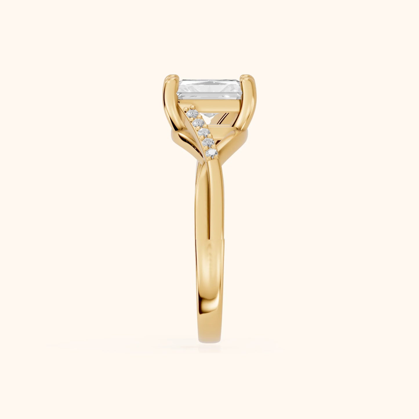 Veronica Twist Side Stone Radiant Diamond Engagement Ring in Yellow Gold - SideView