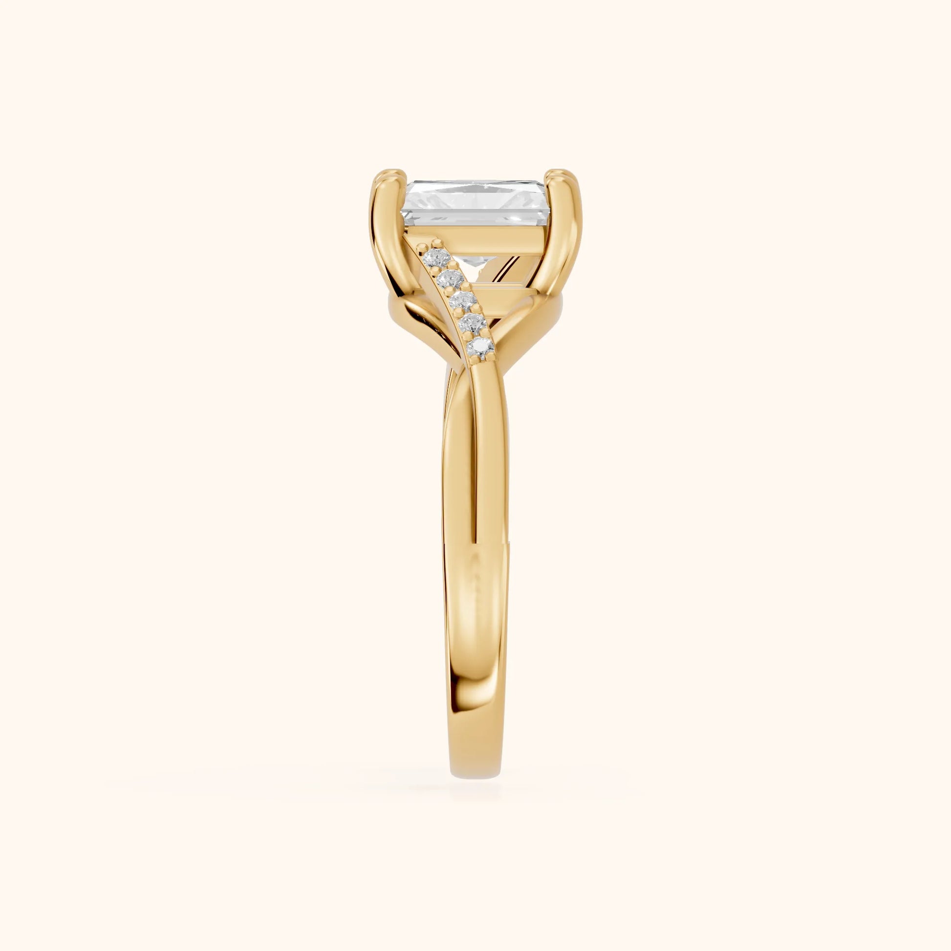 Veronica Twist Side Stone Radiant Diamond Engagement Ring in Yellow Gold - SideView