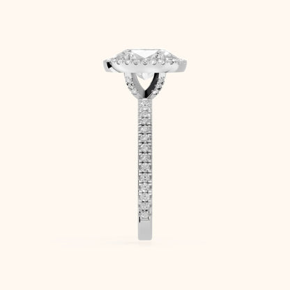 Rosemary Halo Pavé Oval Diamond Engagement Ring in White Gold - SideView.webp