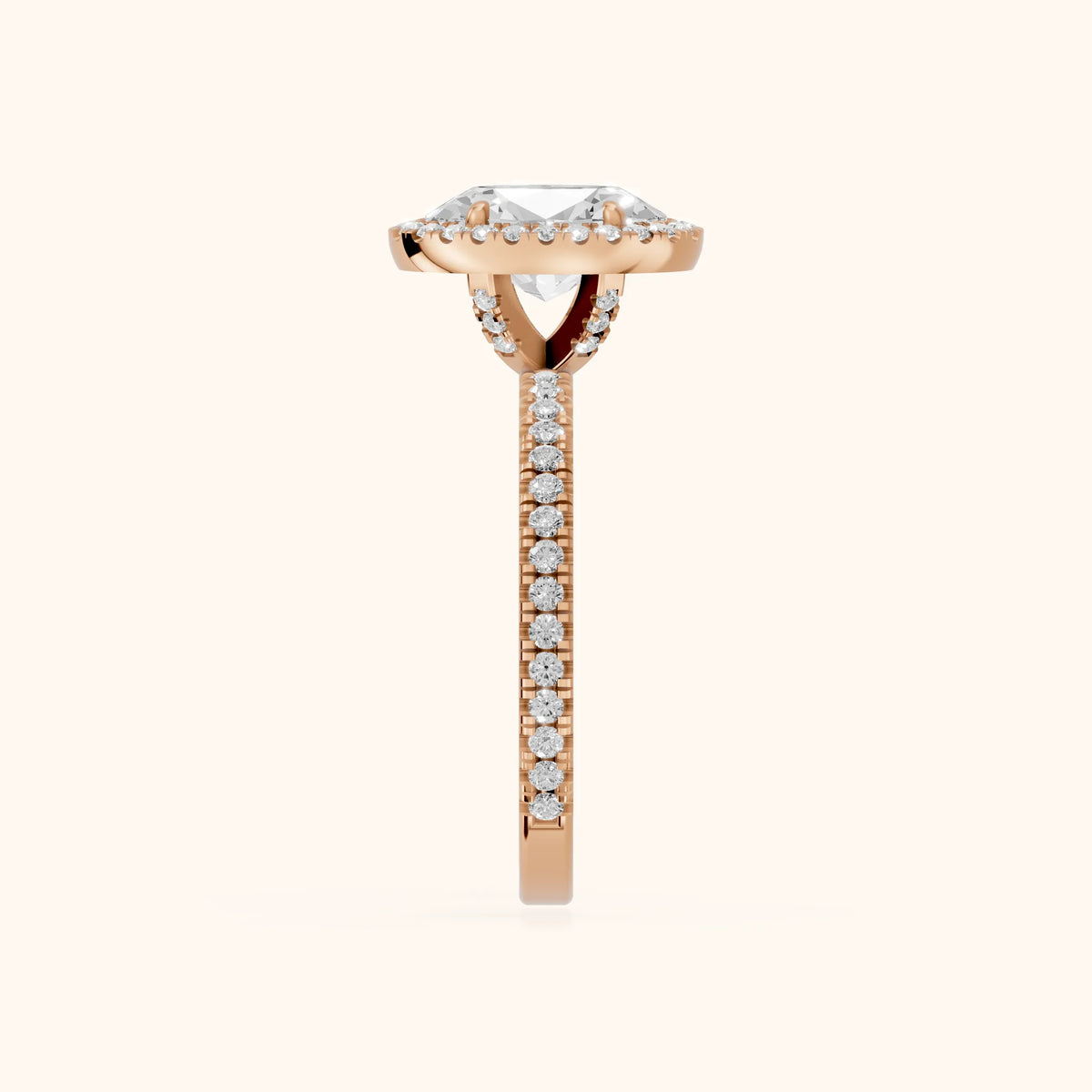 Rosemary Halo Pavé Oval Diamond Engagement Ring in Rose Gold - SideView.webp