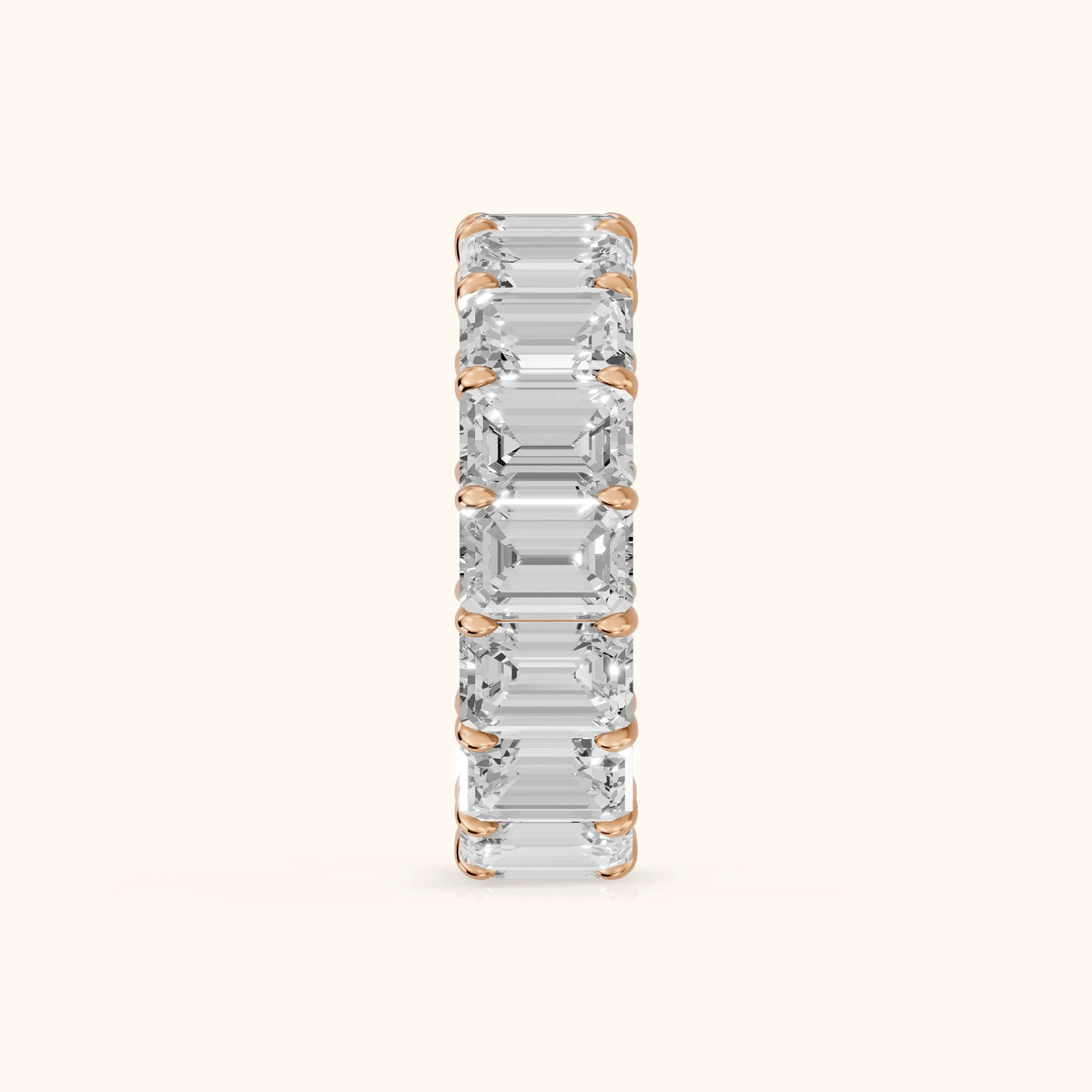 Zia Shared Prong Emerald Diamond Eternity Band in Rose Gold - SideView