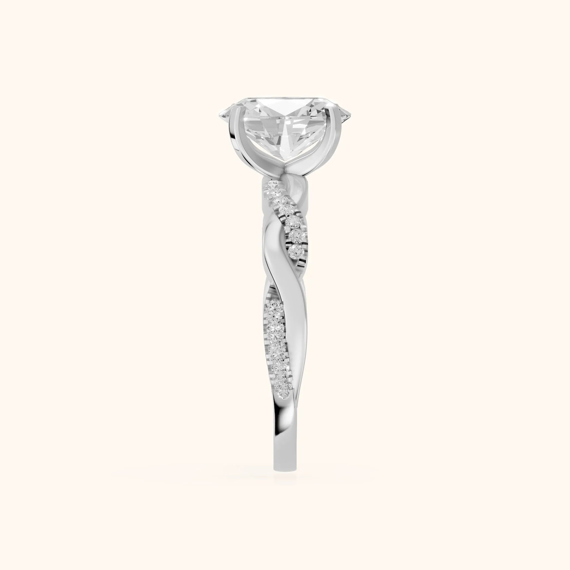 Twisted Side Stone Oval Diamond Engagement Ring in Silver - SideView