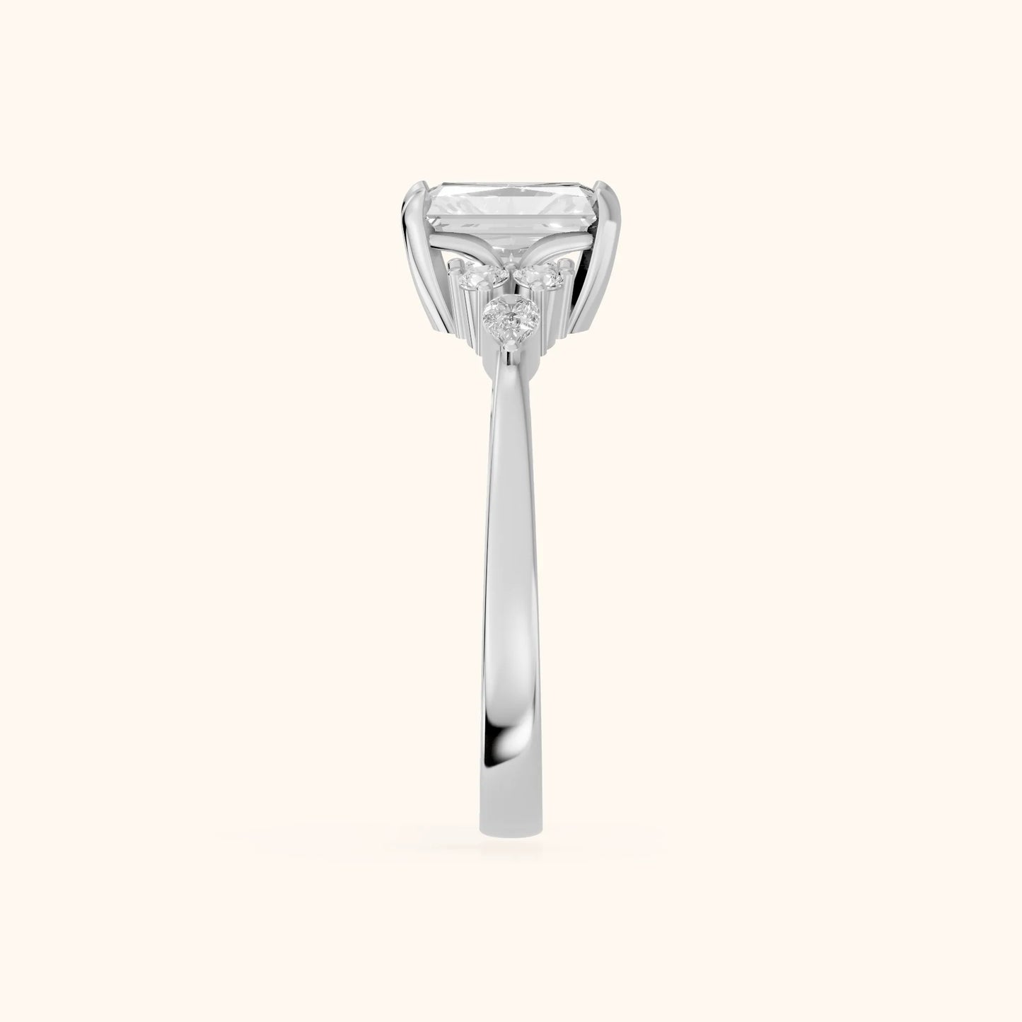 Amelia Three Stone Radiant Diamond Engagement Ring in Silver - SideView