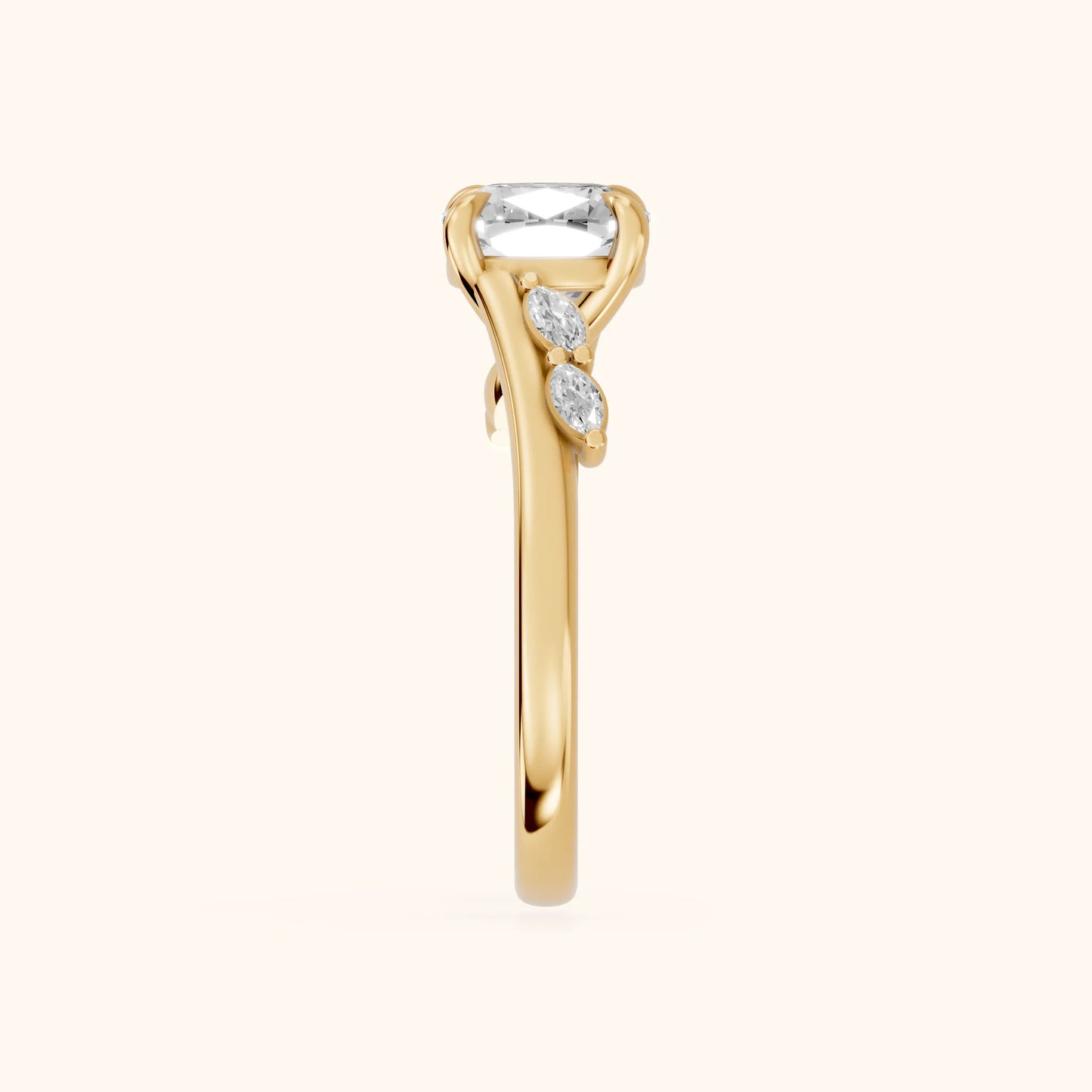 Flora Twist Side Stone Cushion Diamond Engagement Ring in Yellow Gold - SideView