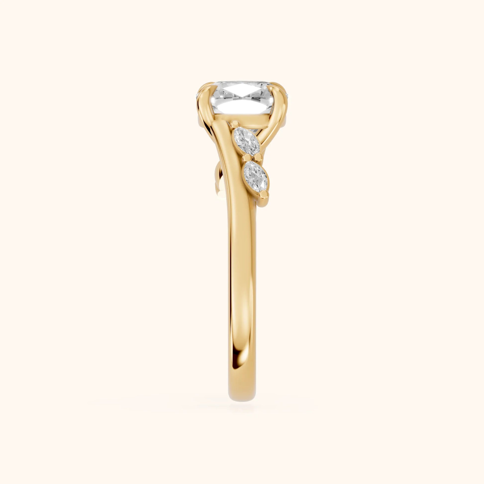 Flora Twist Side Stone Cushion Diamond Engagement Ring in Yellow Gold - SideView