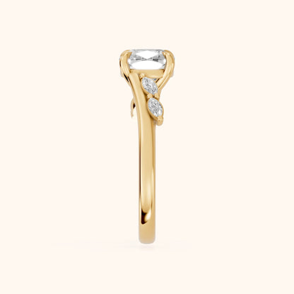 Flora Twist Side Stone Cushion Diamond Engagement Ring in Yellow Gold - SideView