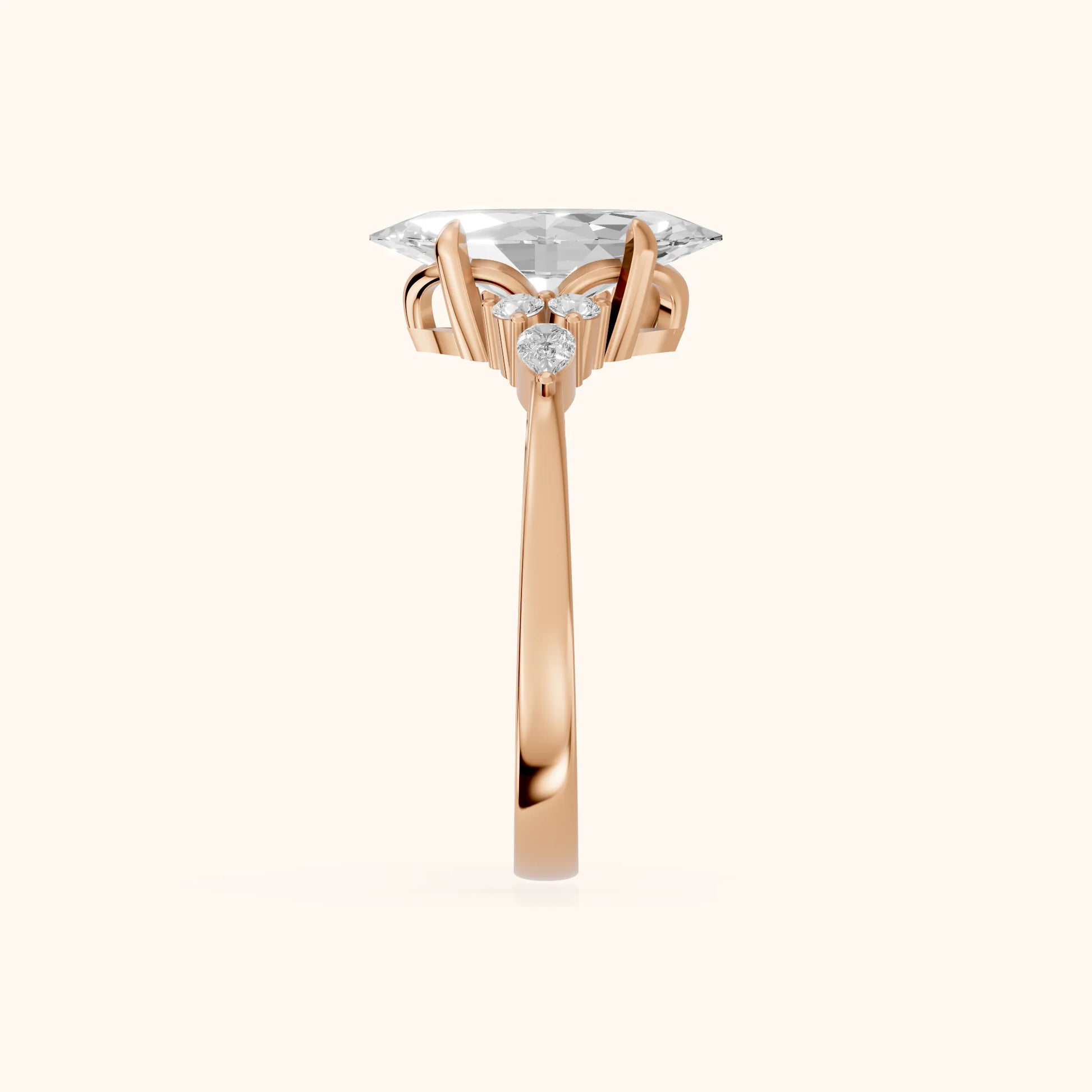 Amelia Three Stone Marquise Diamond Engagement Ring in Rose Gold - SideView