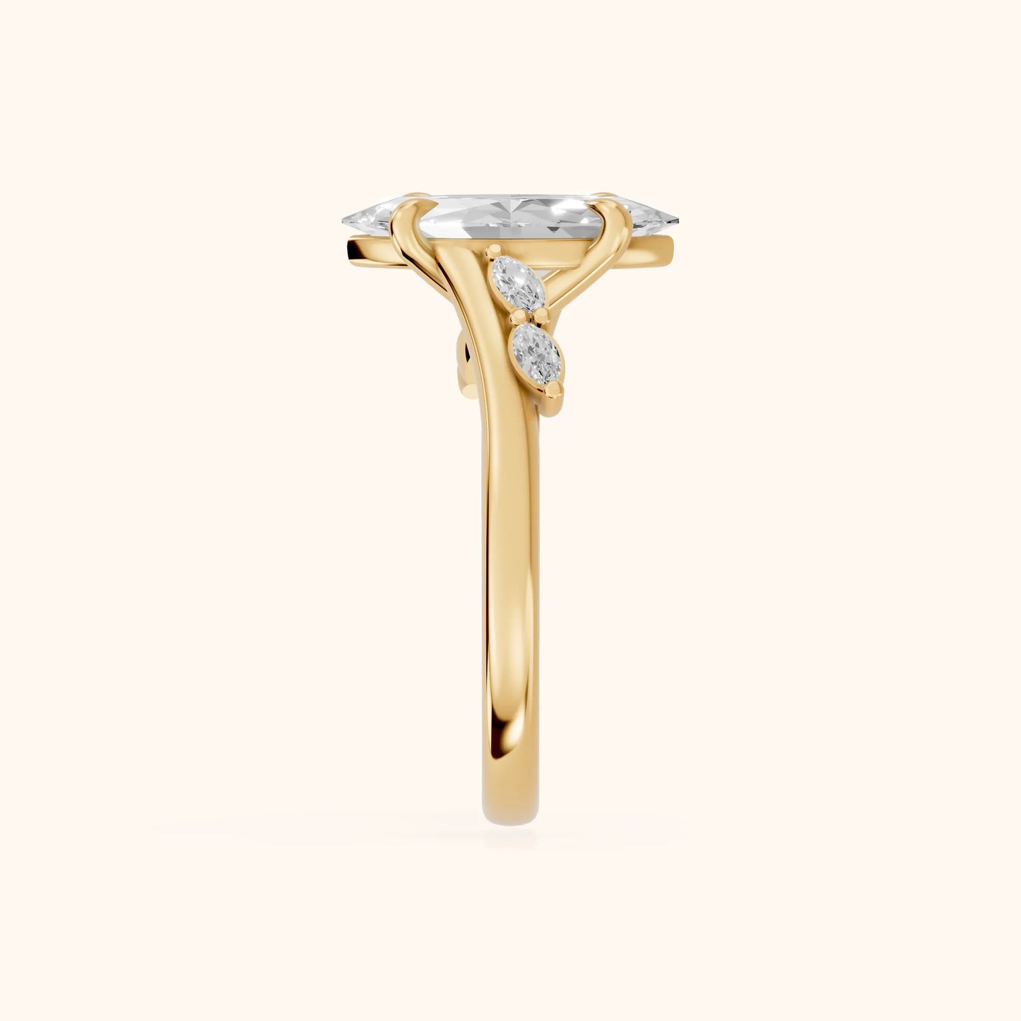 Flora Twist Side Stone Marquise Diamond Engagement Ring in Yellow Gold - SideView