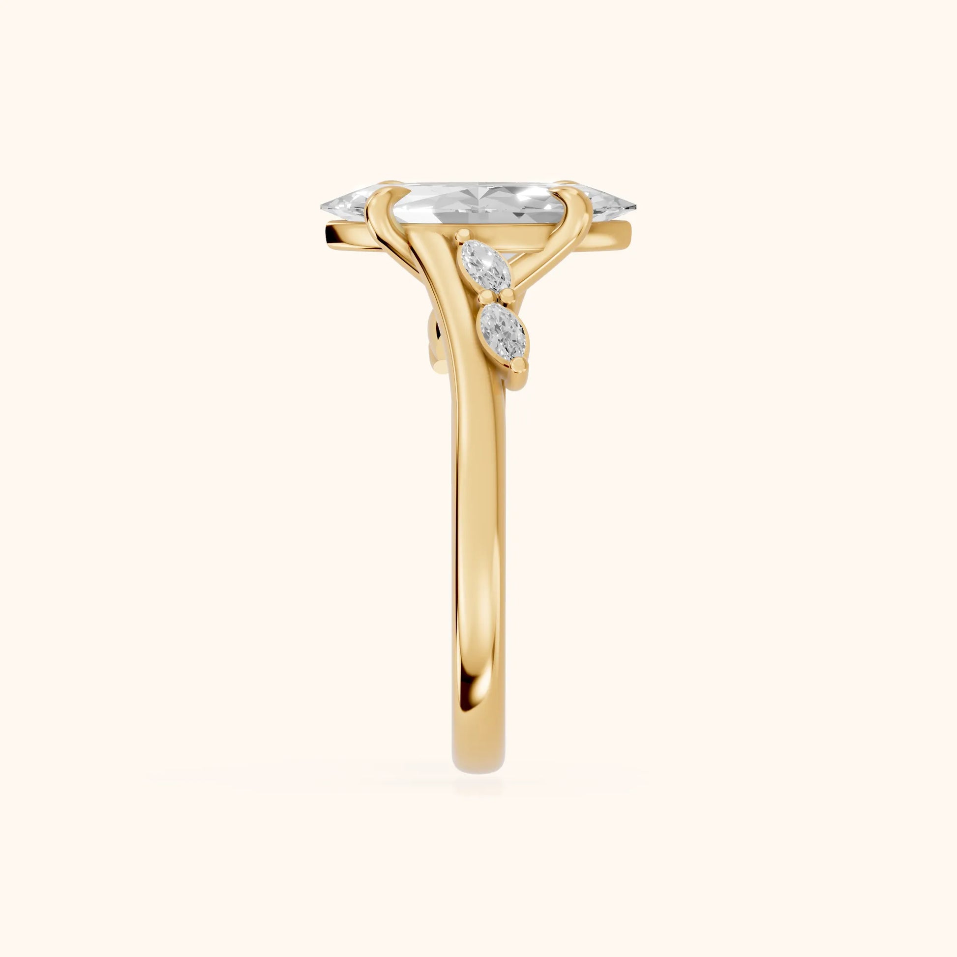 Flora Twist Side Stone Marquise Diamond Engagement Ring in Yellow Gold - SideView