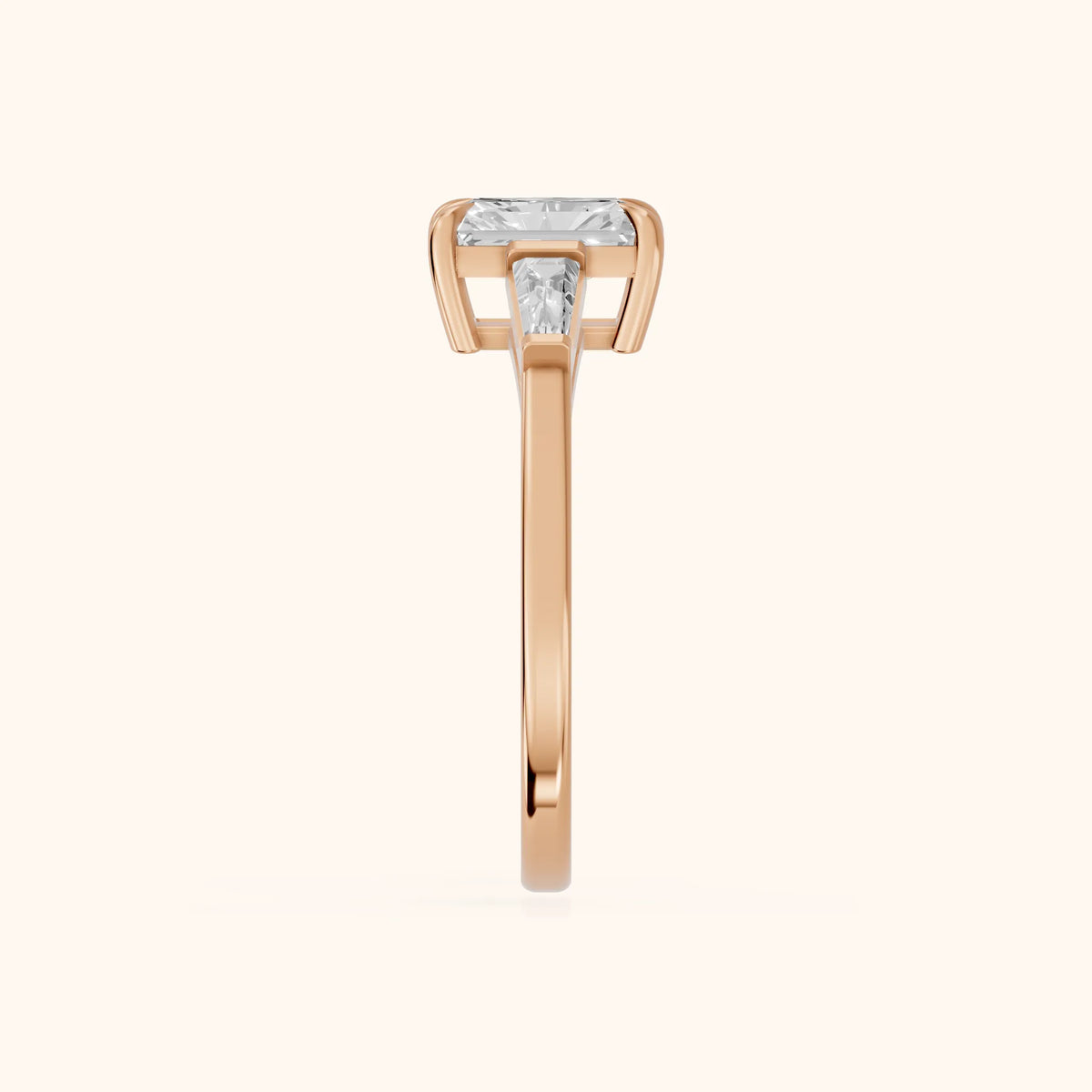 Winnie Three-Stone Radiant Diamond Engagement Ring in Rose Gold - SideView.webp