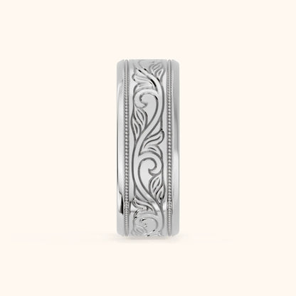 Navya Carved Milgrain Wedding Band in Platinum - SideView