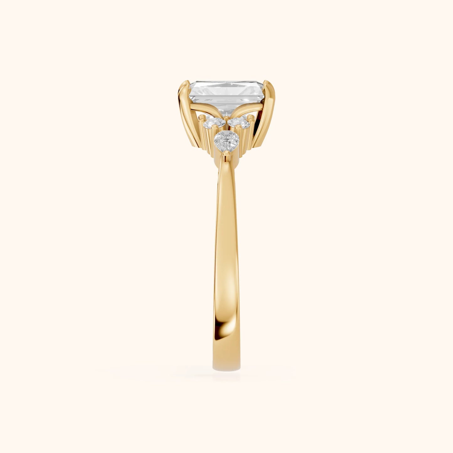 Amelia Three Stone Radiant Diamond Engagement Ring in Yellow Gold - SideView