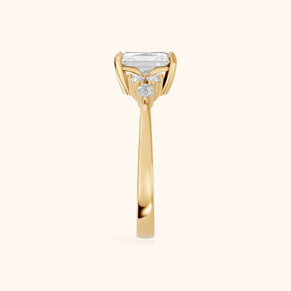 Amelia Three Stone Radiant Diamond Engagement Ring in Yellow Gold - SideView