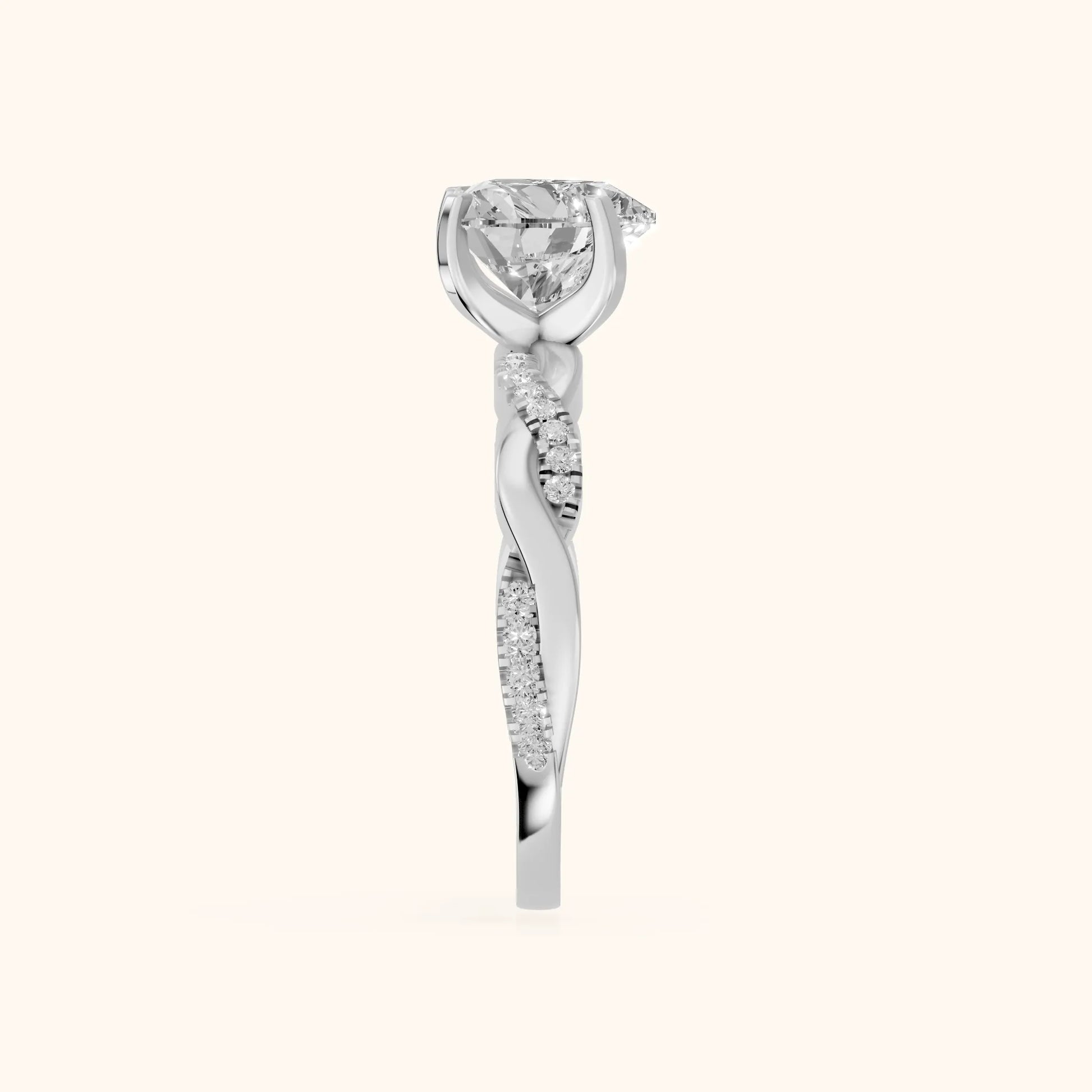 Twisted Side Stone Heart Diamond Engagement Ring in White Gold - SideView
