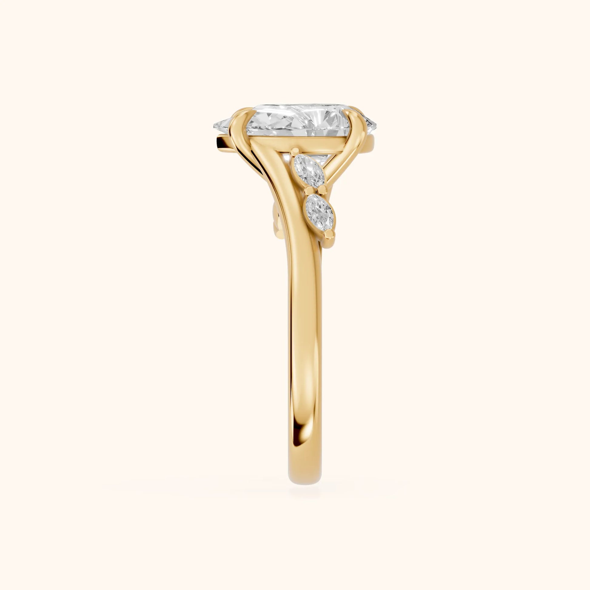 Flora Twist Side Stone Pear Diamond Engagement Ring in Yellow Gold - SideView