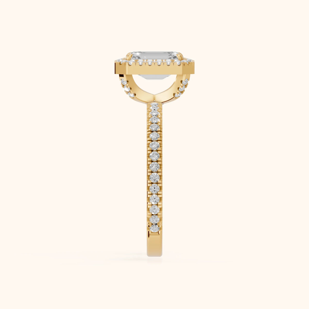 Rosemary Halo Pavé Emerald Diamond Engagement Ring in Yellow Gold - SideView.webp