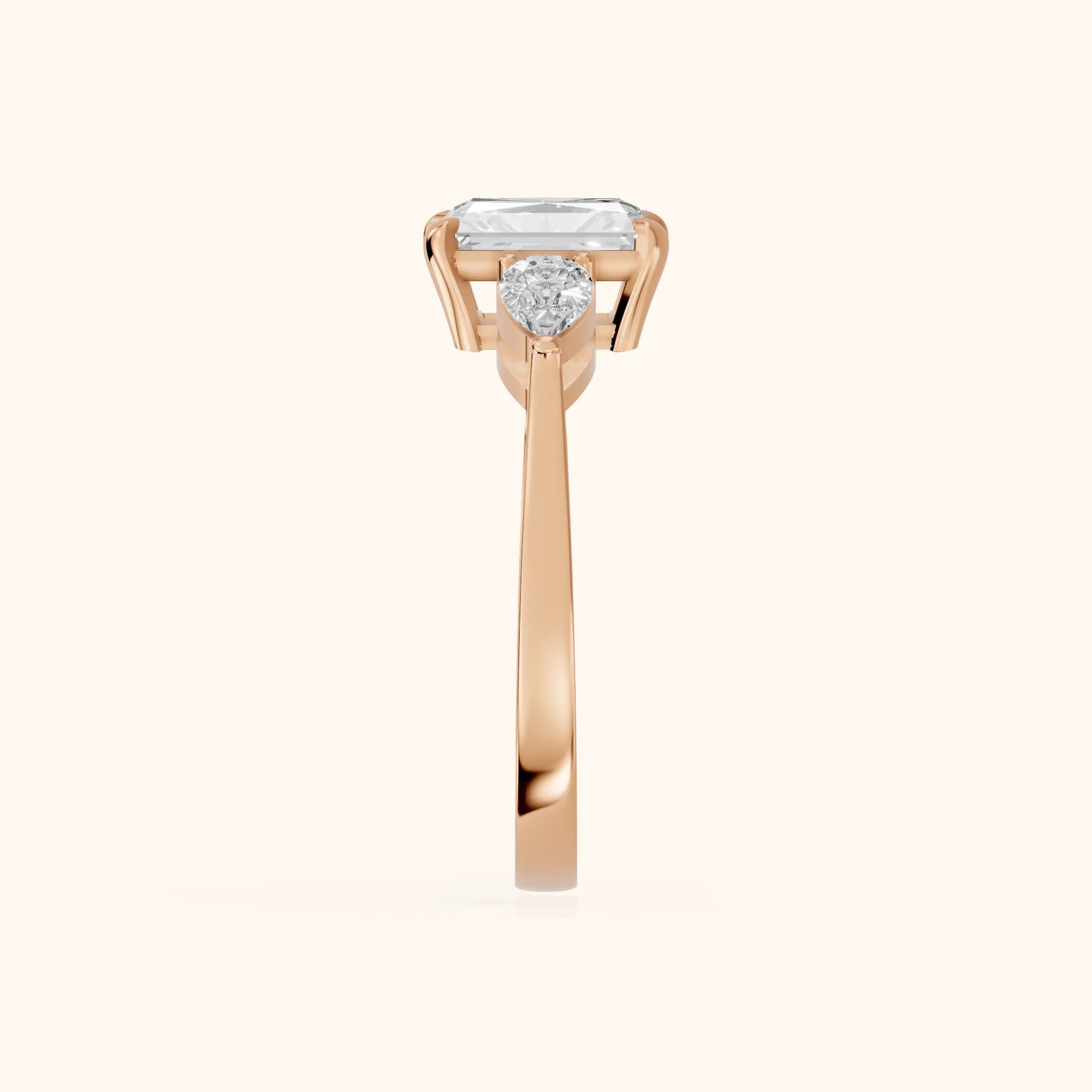 Grace Three Stone Radiant Diamond Engagement Ring in Rose Gold - SideView