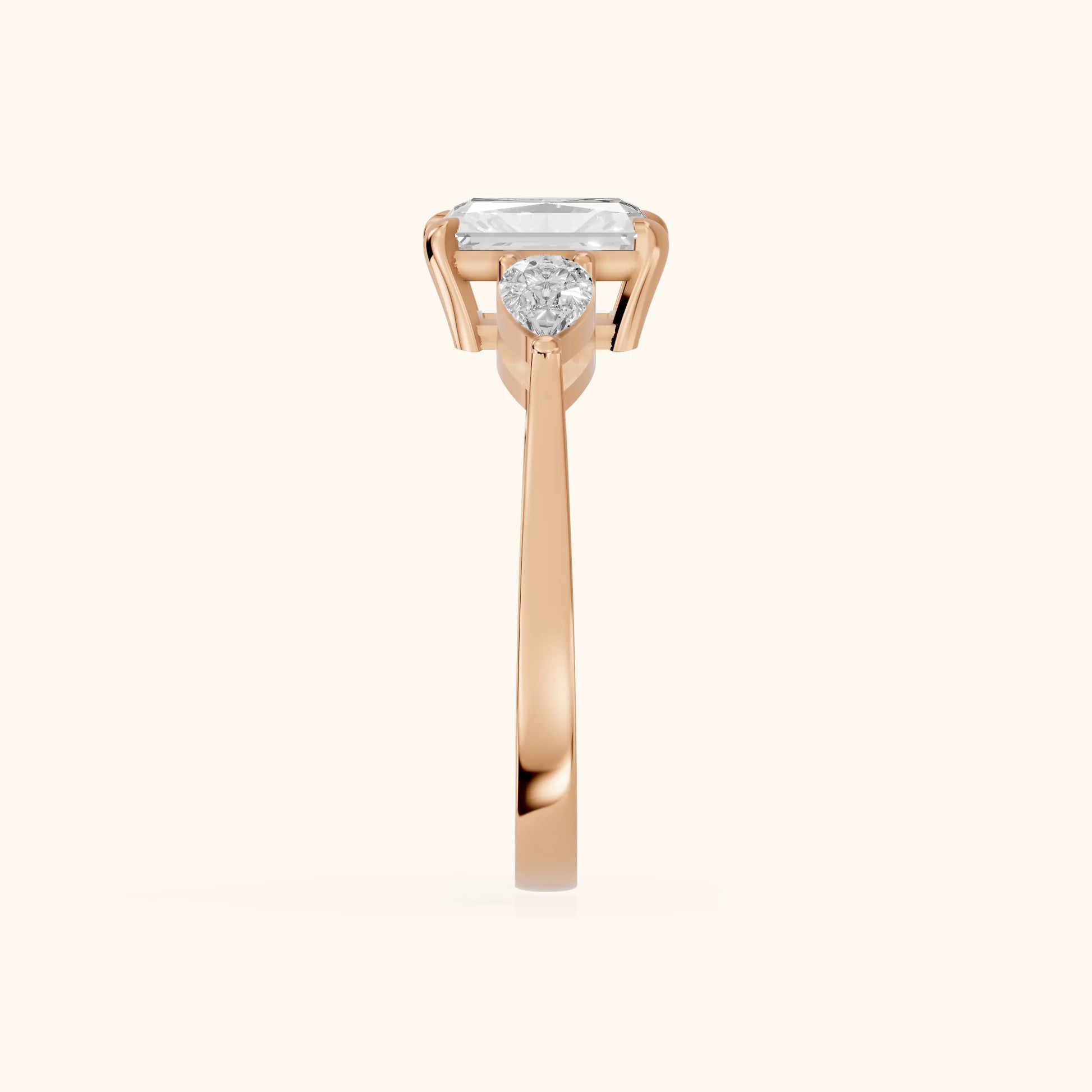 Grace Three Stone Radiant Diamond Engagement Ring in Rose Gold - SideView