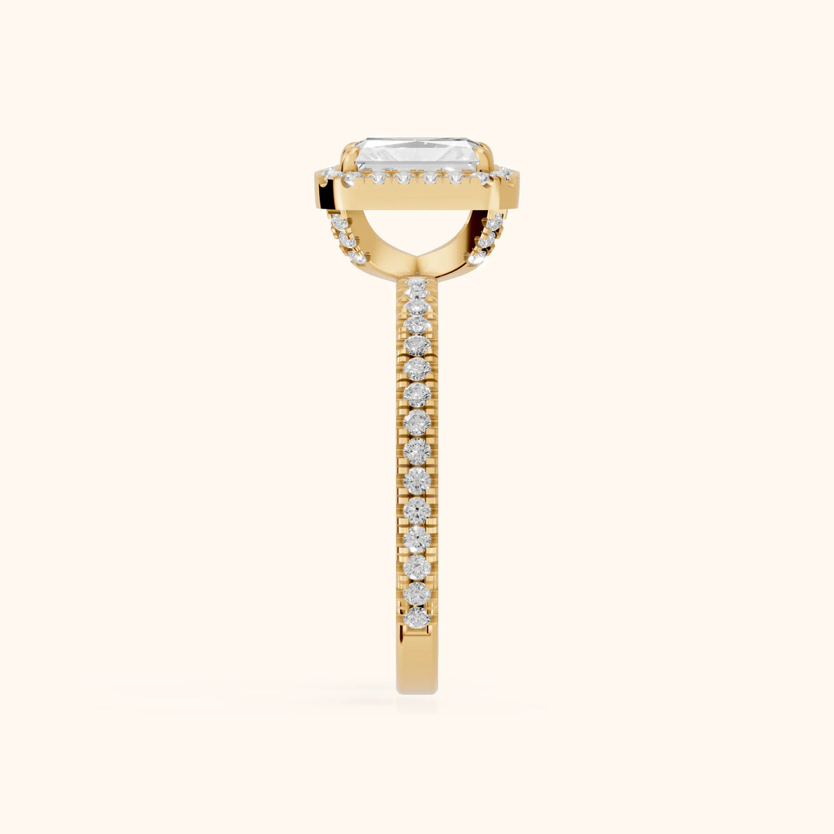 Rosemary Halo Pavé Radiant Diamond Engagement Ring in Yellow Gold - SideView.webp