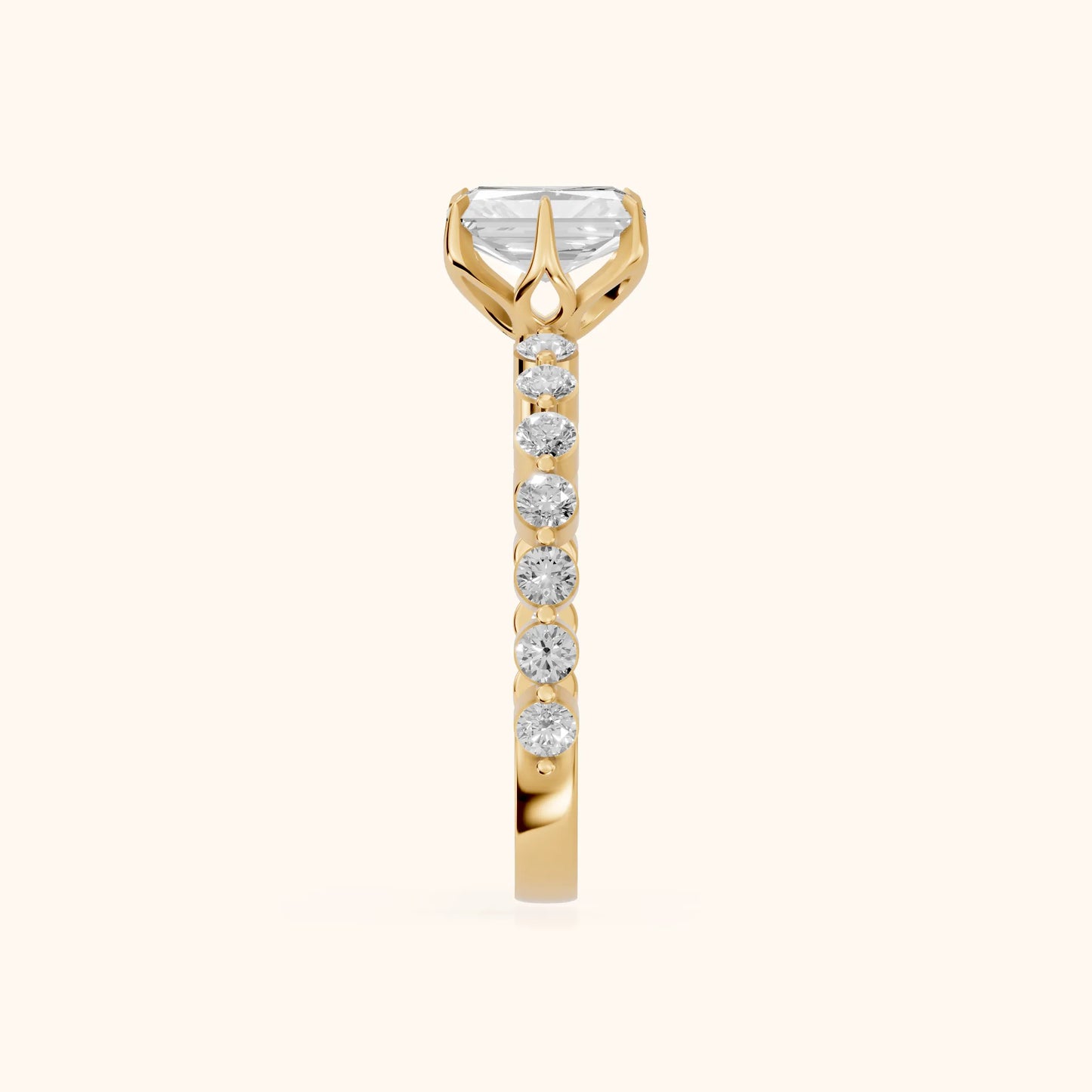 Eleanor Majesty Side Stone Radiant Diamond Engagement Ring in Yellow Gold - SideView