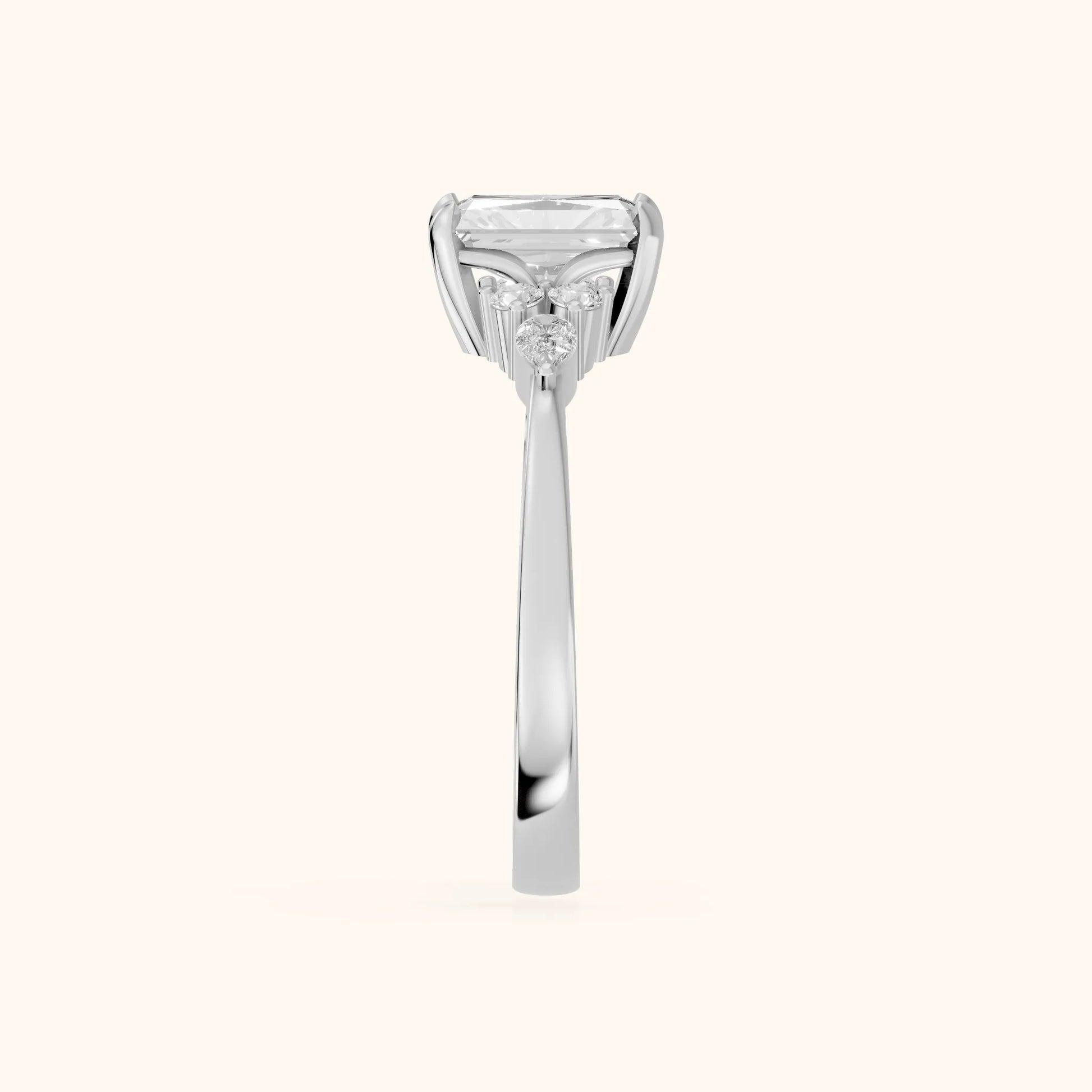 Amelia Three Stone Radiant Diamond Engagement Ring in White Gold - SideView