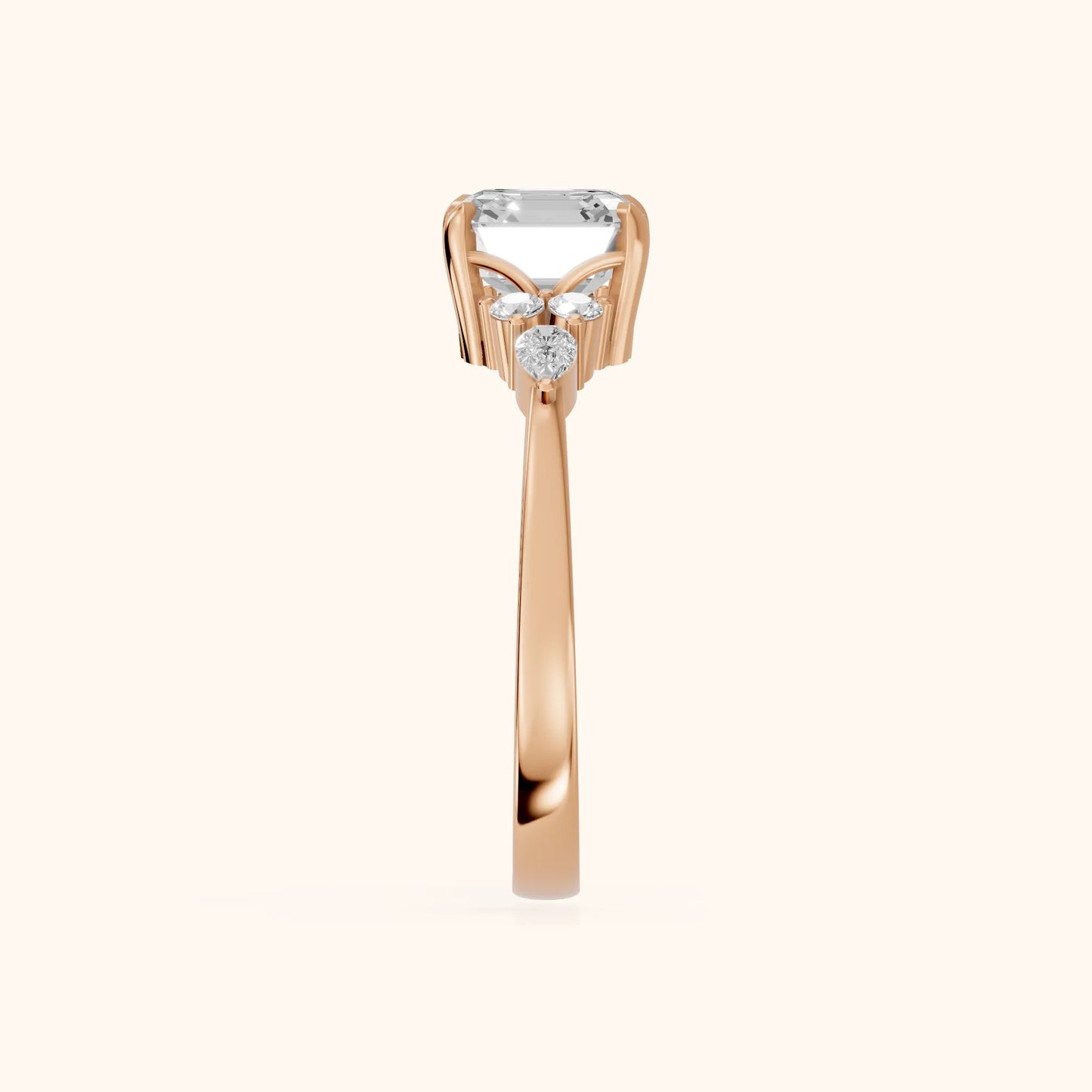 Amelia Three Stone Asscher Diamond Engagement Ring in Rose Gold - SideView