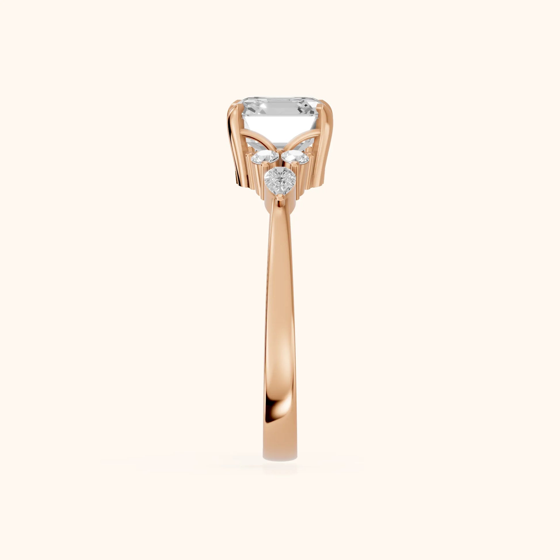 Amelia Three Stone Asscher Diamond Engagement Ring in Rose Gold - SideView