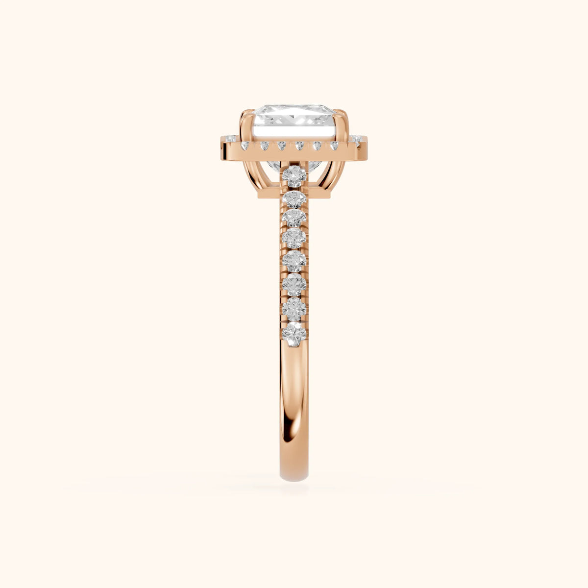 Mabel Halo French Pavé Princess Diamond Engagement Ring in Rose Gold - SideView.webp
