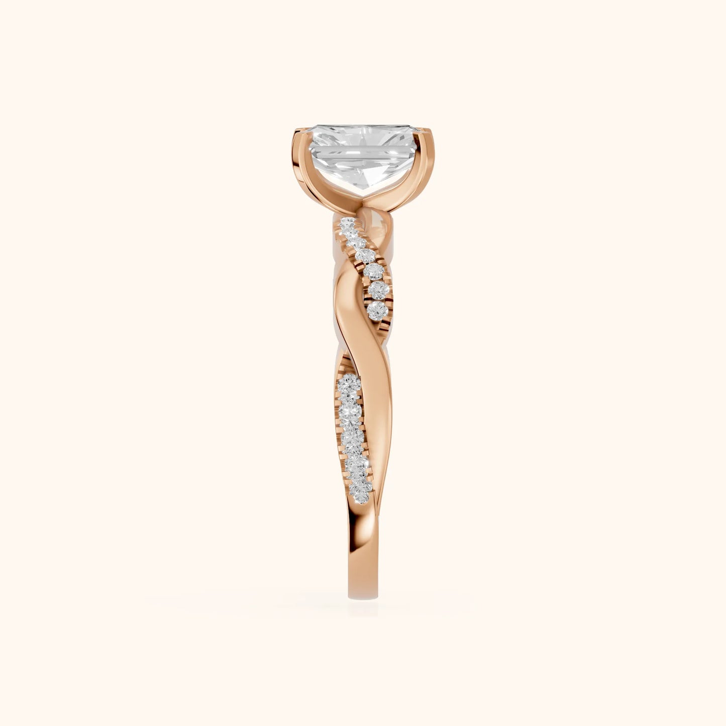 Twisted Side Stone Radiant Diamond Engagement Ring in Rose Gold - SideView