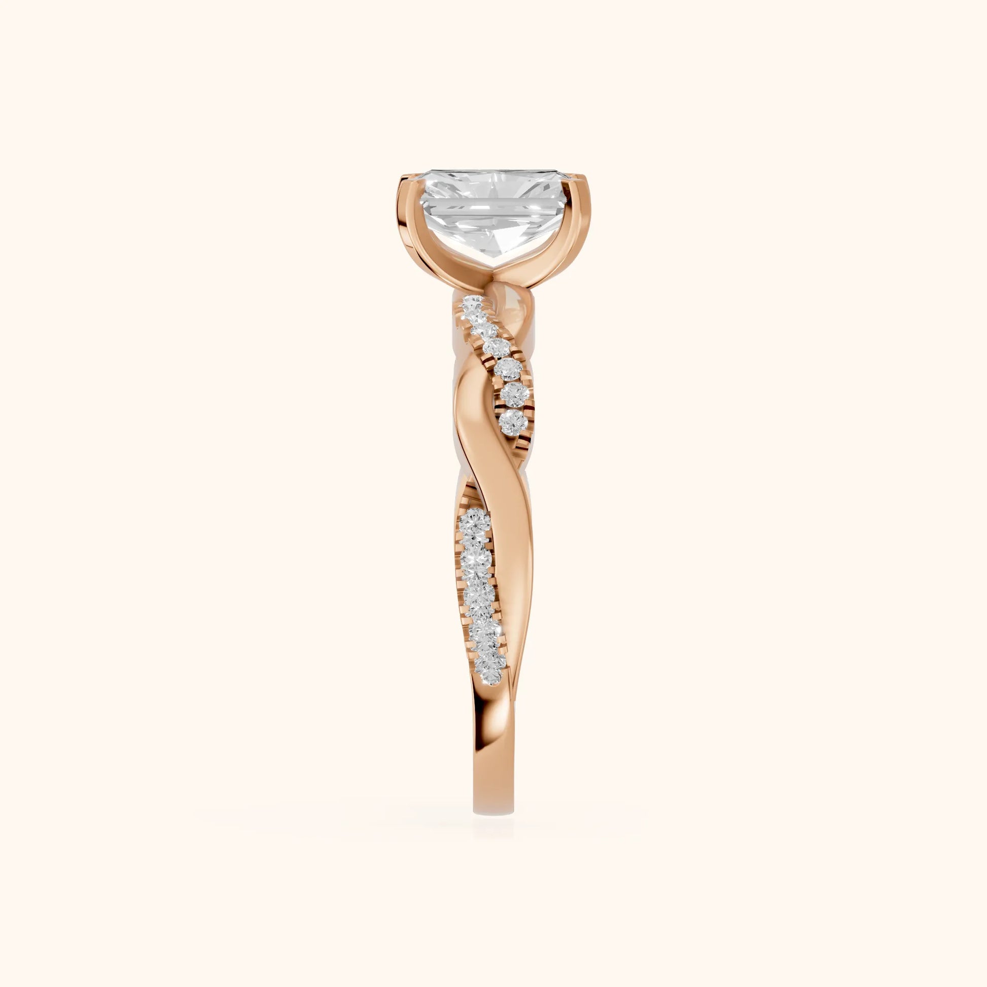 Twisted Side Stone Radiant Diamond Engagement Ring in Rose Gold - SideView