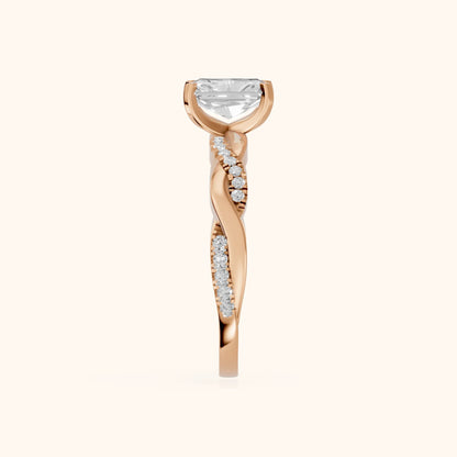 Twisted Side Stone Radiant Diamond Engagement Ring in Rose Gold - SideView