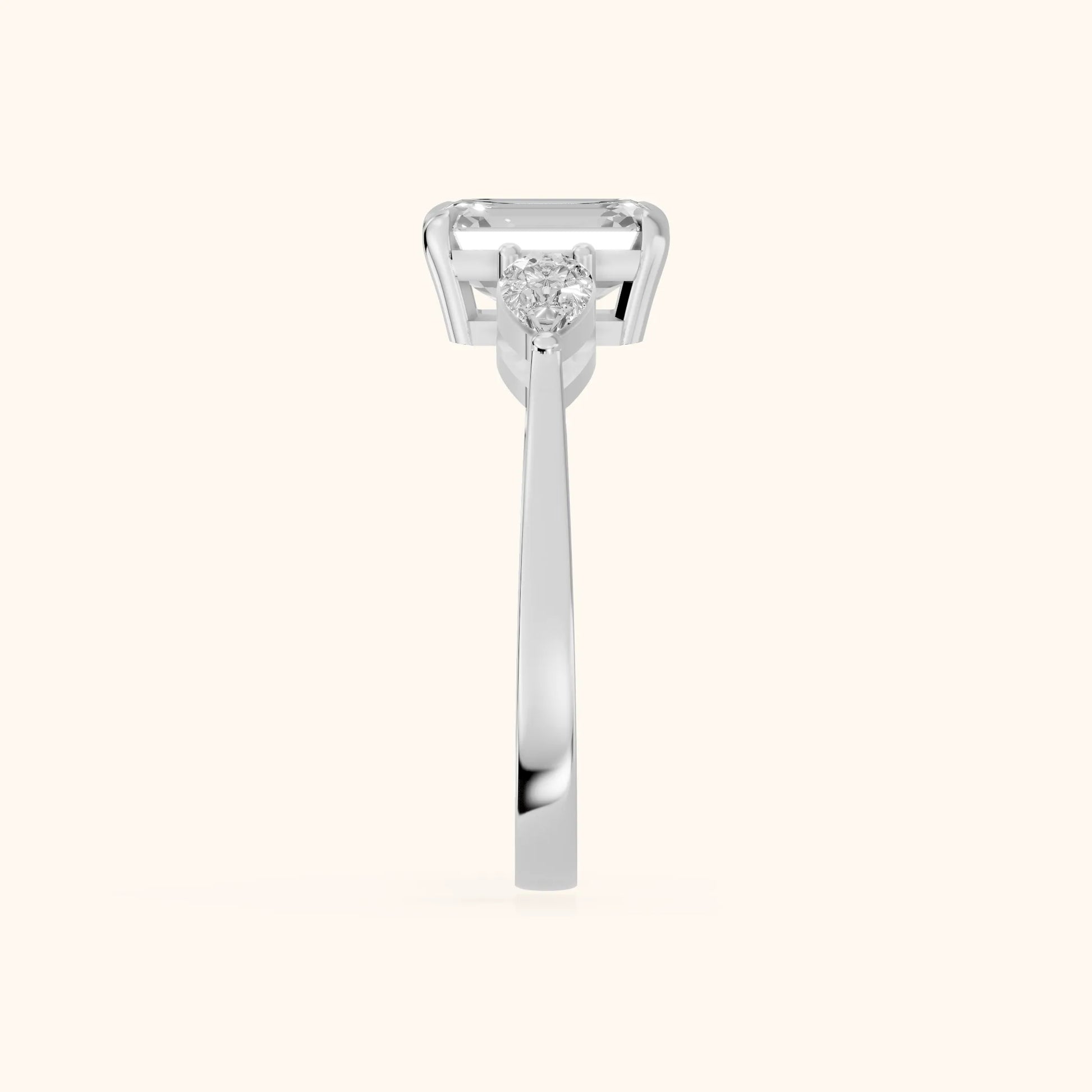 Grace Three Stone Emerald Diamond Engagement Ring in White Gold - SideView