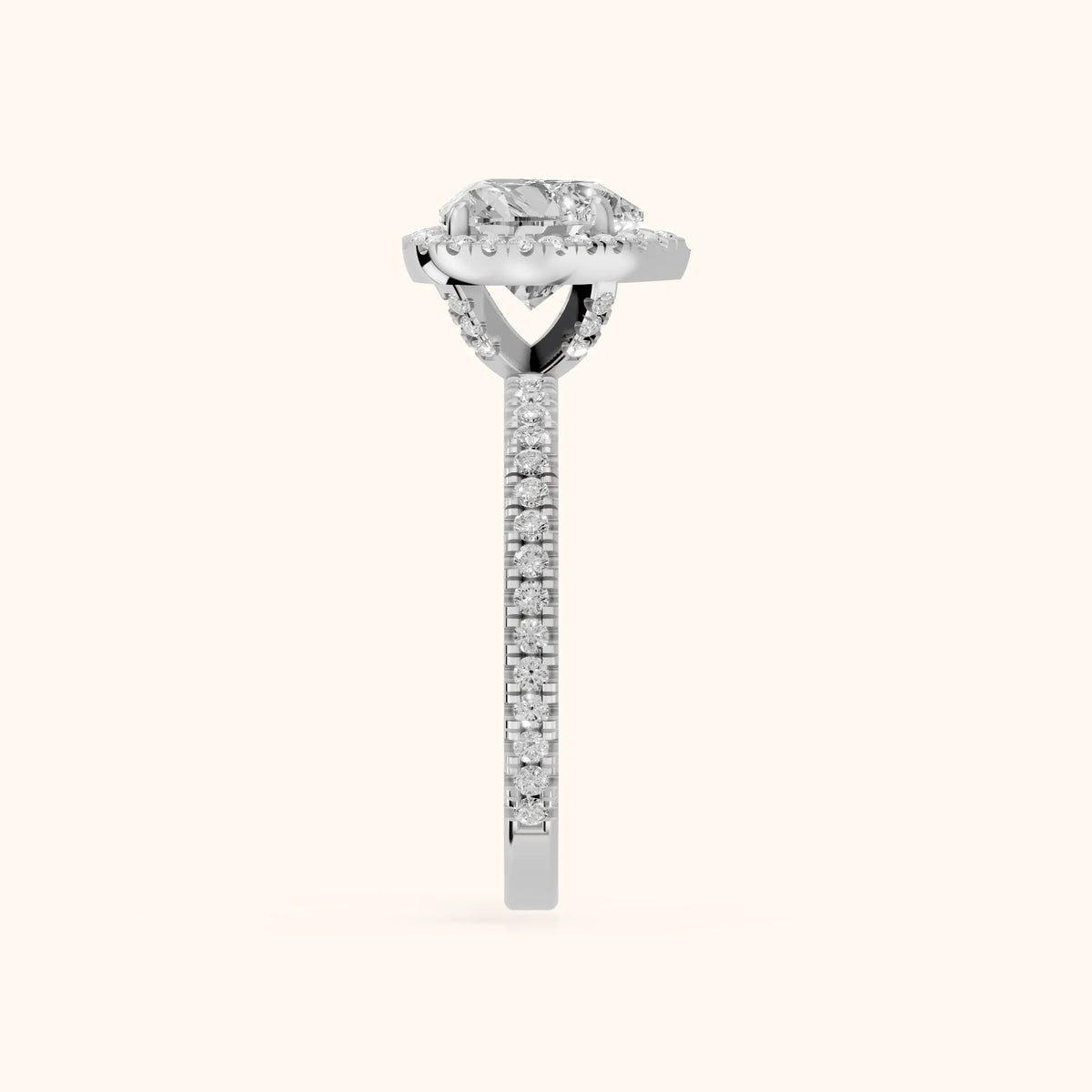 Rosemary Halo Pavé Heart Diamond Engagement Ring in Platinum - SideView.webp