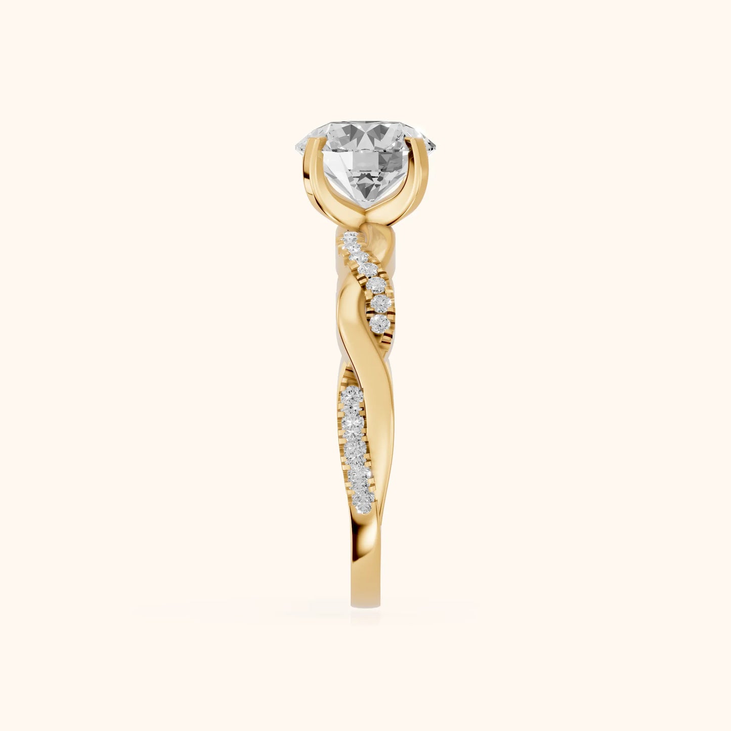 Twisted Side Stone Round Diamond Engagement Ring in Yellow Gold - SideView