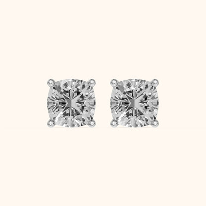 Four Prong Cushion Diamond Stud Earrings in Platinum - 3D view 2