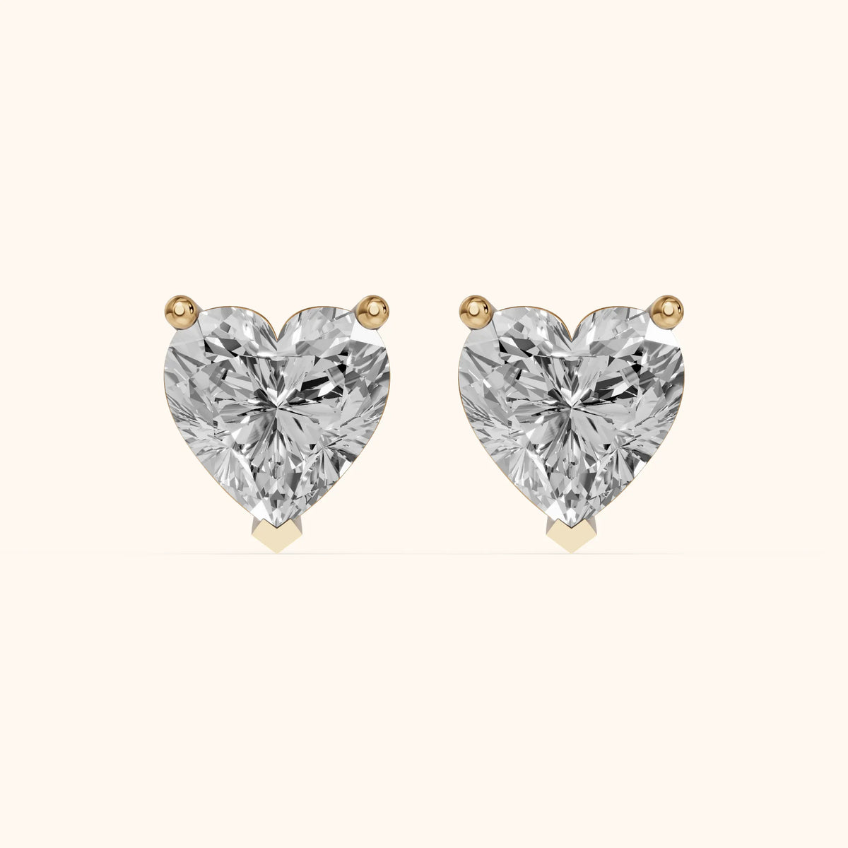 Four Prong Heart Diamond Stud Earrings in Yellow Gold - 3D view 2