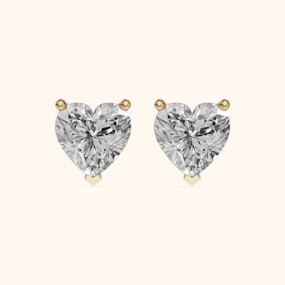 Four Prong Heart Diamond Stud Earrings in Yellow Gold - 3D view 2