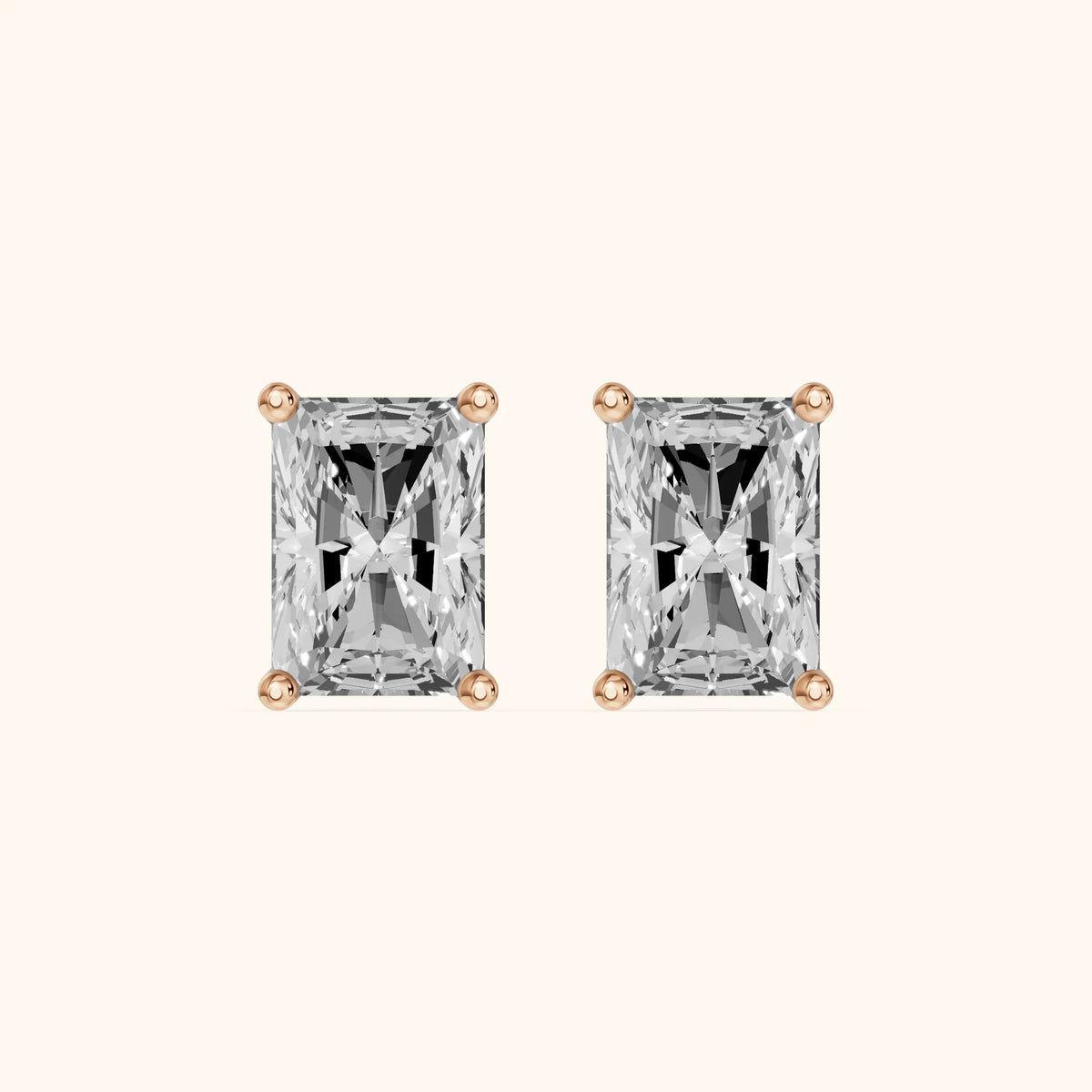 Four Prong Radiant Diamond Stud Earrings in Rose Gold - 3D view 2