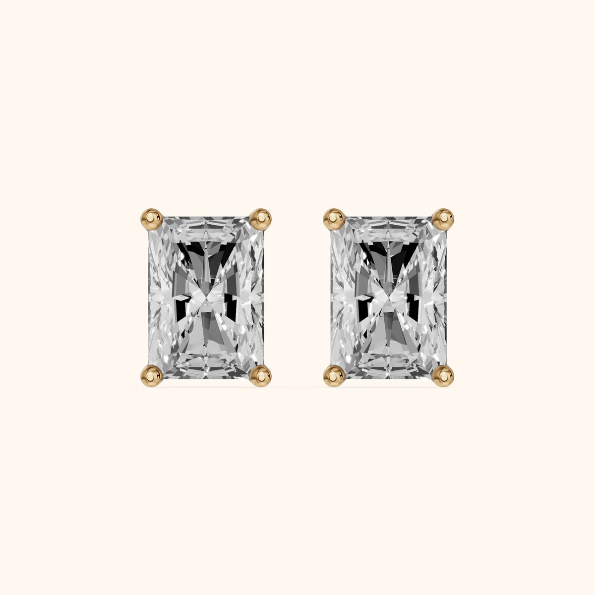 Four Prong Radiant Diamond Stud Earrings in Yellow Gold - 3D view 2