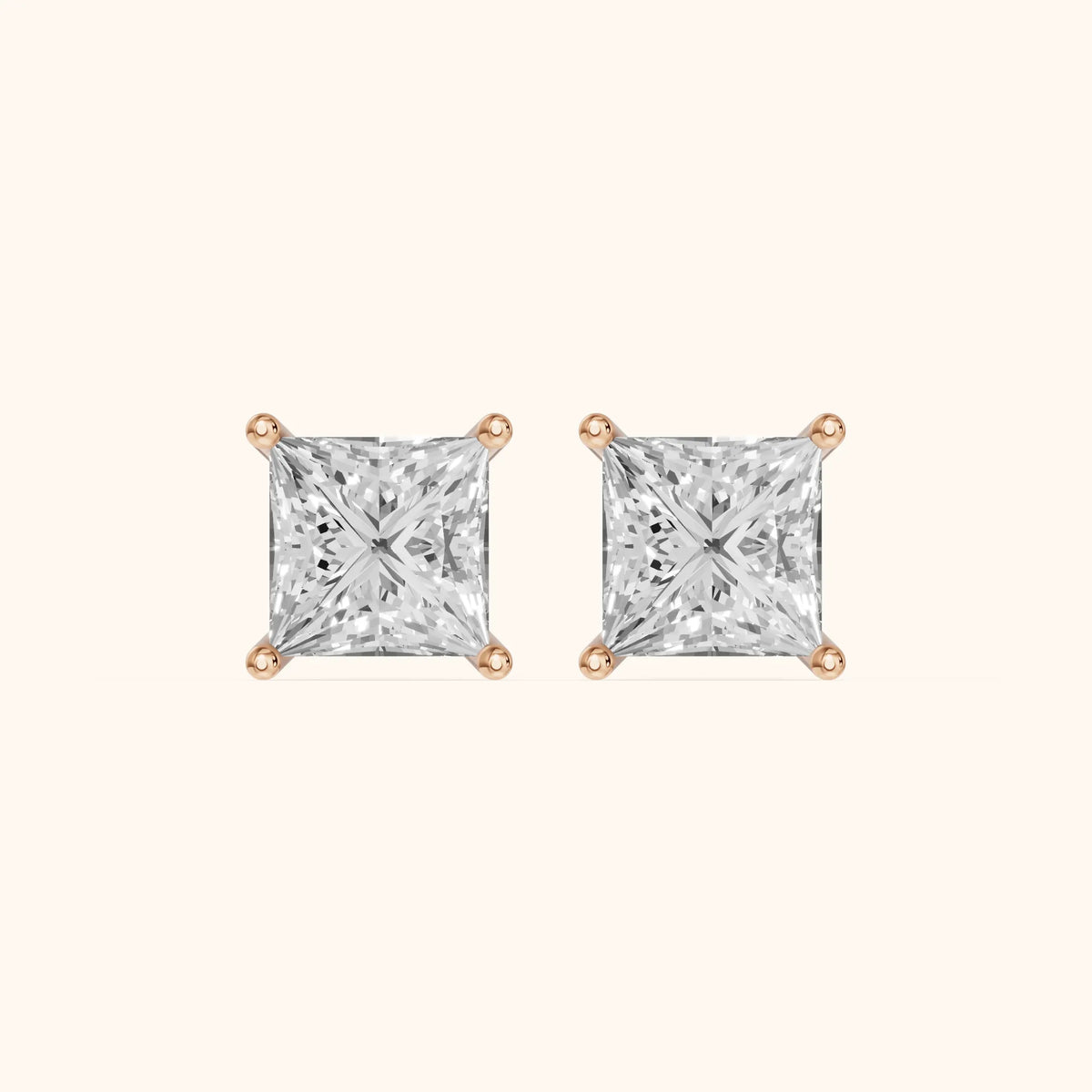 Four Prong Princess Diamond Stud Earrings in Rose Gold - 3D view 2