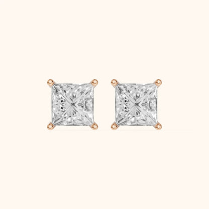Four Prong Princess Diamond Stud Earrings in Rose Gold - 3D view 2