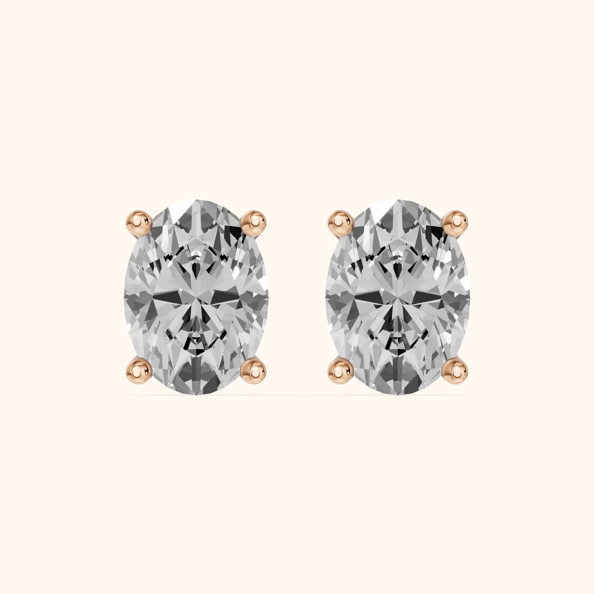 Four Prong Oval Diamond Stud Earrings in Rose Gold - 3D view 2