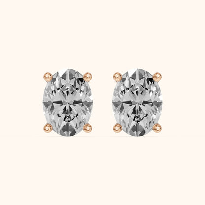 Four Prong Oval Diamond Stud Earrings in Rose Gold - 3D view 2