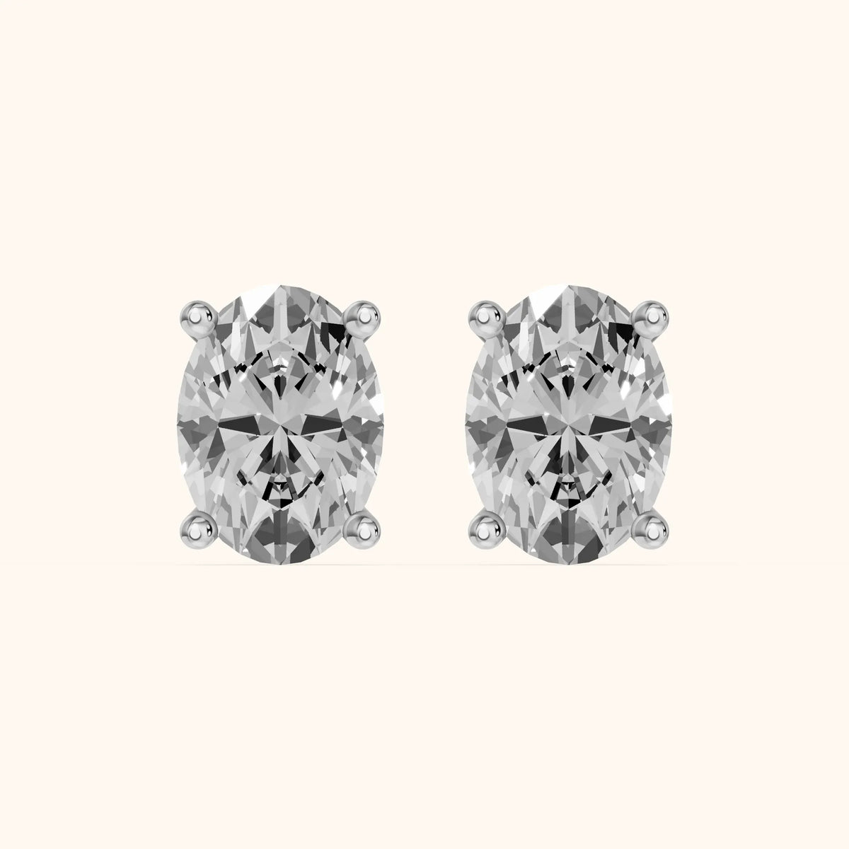 Four Prong Oval Diamond Stud Earrings in White Gold - 3D view 2