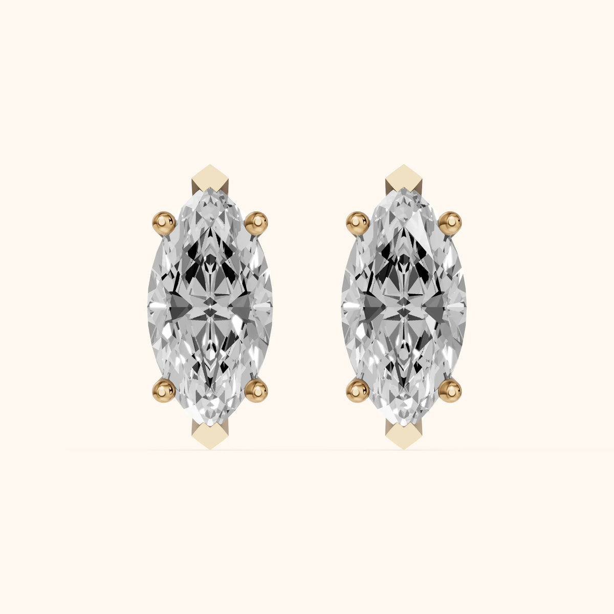 Four Prong Marquise Diamond Stud Earrings in Yellow Gold - 3D view 2